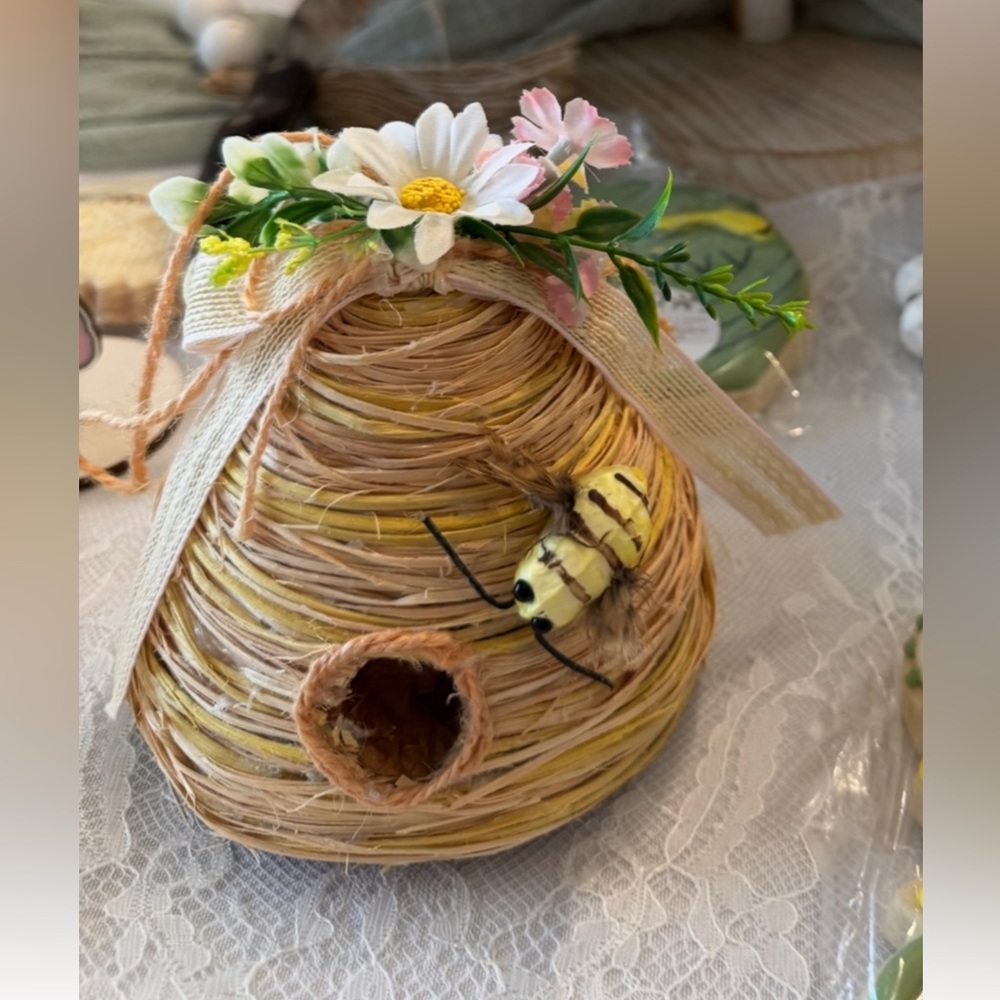 Decorative Beehive with Flowers and Bee